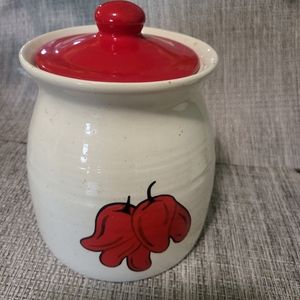 VTG Ceramic Cookie Jar/Canister~Appears Handmade White with Red Peppers & Lid